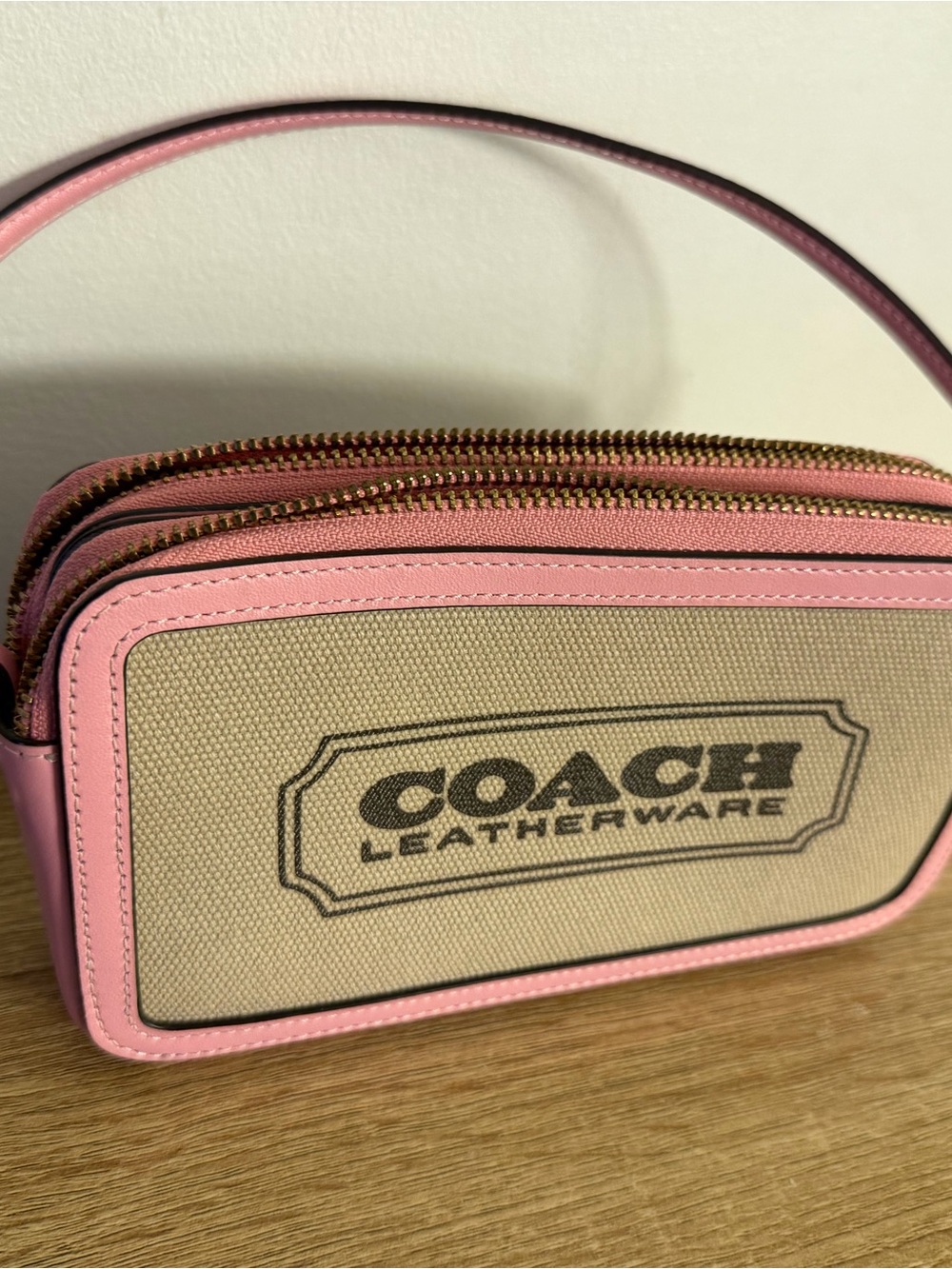 Coach Beige Canvas Crossbody with Pink Trim
